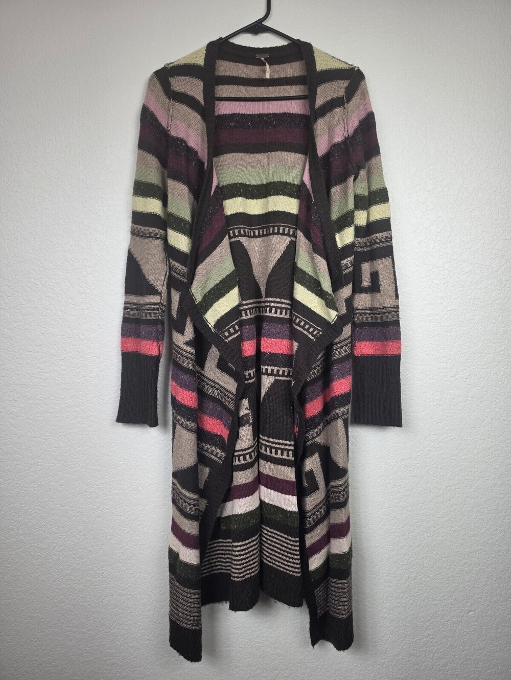 Free People Long Open Front Cardigan Sweater with Striped Pattern